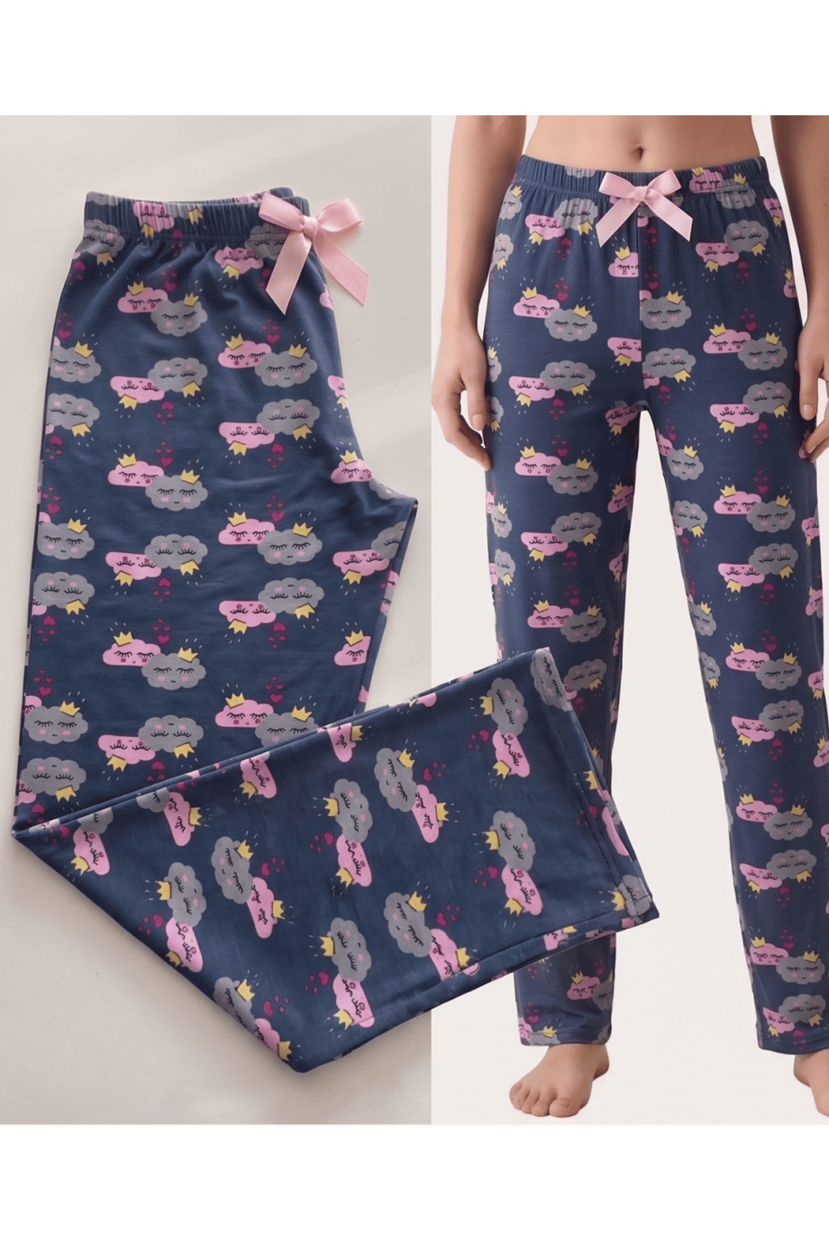 Viskon Mavi Bulut Desenli Kadın Pijama Altı - Katlı Üst Genel Görünüm | Linay Butik Kadın Ev Giyimi